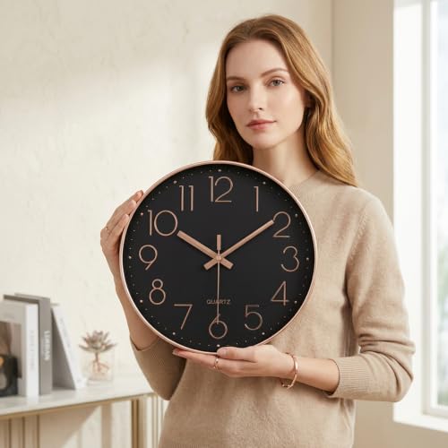 jomparis Rose Gold Wall Clock for Grils Womens Silent Non-Ticking Clock Decorative for Bedroom Office - color: 1 Pack - Rose & Black, size: 12 Inch