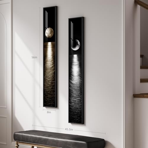 Framed Vertical Black White Gold Moon Landscape Wall Art Decor, 2 Pieces - color: Black and White, size: 8"W x 56"H x 2Pcs