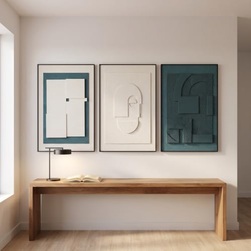 AMAATE 3Pcs 3D Blue White Sandstone Relief Black Framed Wall Art - color: White Blue Grey, size: 16" x 24" inch