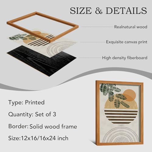 HCJWCXD Boho Plant Wall Art Set of 3 Framed Canvas Prints 12x16 Inch - color: Green Leaves and Rising Sun, size: 12x16 Inches