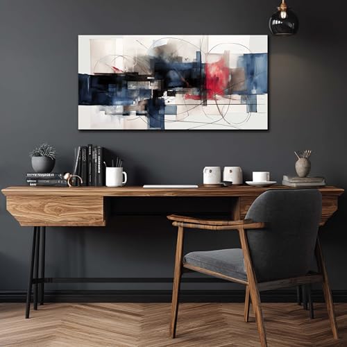 Fuwobriva Abstract Canvas Wall Art for Living Room Bedroom Office Large Wall Art Decor Abstract Wall Art Modern Black Red and Blue Geometry Painting Artwork 20"x40"