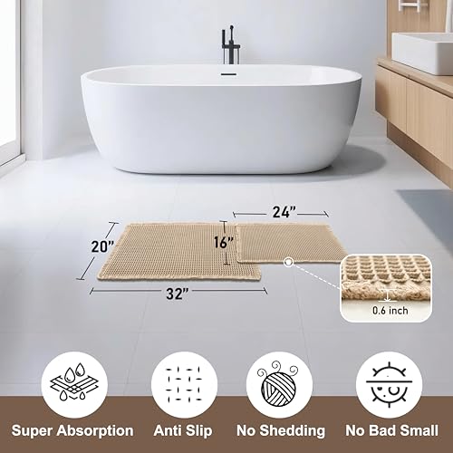 JIUZHEN Set of 2 Waffle Bath Mats Boho Bath Rugs 16"x24"+20"x32", Brown - color: Brown, size: 16"x24" + 20"x32"