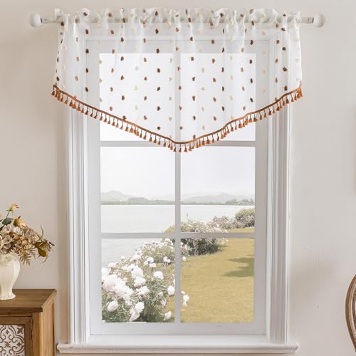 3 Pieces Boho Sheer Valances for Windows, Cute Pom Pom Rod Pocket Light Filtering Short Valance Curtains with Tassels for Nursery Kids Bedroom Bathroom Cafe (Brown,55"x24") - color: Brown