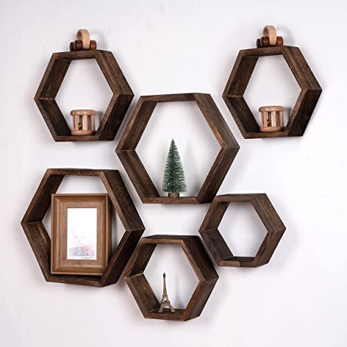 WONFUlity Hexagon Floating Shelves, Hexagonal Shelf Wall Mounted Storage - color: Brown, size: 6PC
