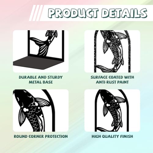Peacoblue 5.3"x4.3"x7.9" Metal Bookends, Heavy Duty Book Ends for Shelves - style: Black and White Koi Fish
