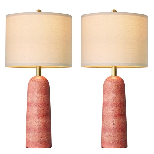 BOBOMOMO 27.25" Modern Table Lamp Set of 2, Red Resin Table Lamps with Stone Look, Lamps for Living Room with Linen Shades, Bedside Lamps for Bedroom Nightstand, Table Lamps for Living Room End Tables - color: Red, size: 27.25"
