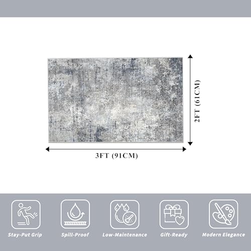 2x3 Washable Non-Slip Rug – Modern Abstract Neutral Small Throw Area Rug for Kitchen, Entryway, Bedroom – Soft Low Pile Thin Indoor Door Mat(Blue Grey,2x3) - color: Blue Gray, size: 2' x 3' (Rectangular)
