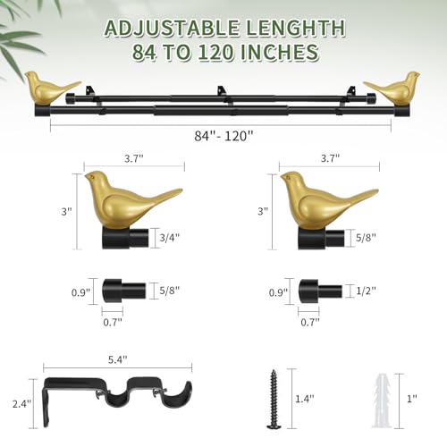 3/4" Diameter Farmhouse Double Window Treatment Curtain Rod, Gold Bird Finials (84"-120", Black Rod) - color: Black with Gold Finial, size: 84"-120"