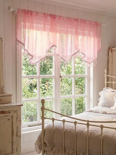 Molaxhome Swag Curtain Scalloped Curtain Valance Drape Sheer Lace Panel 1pc - color: Pink