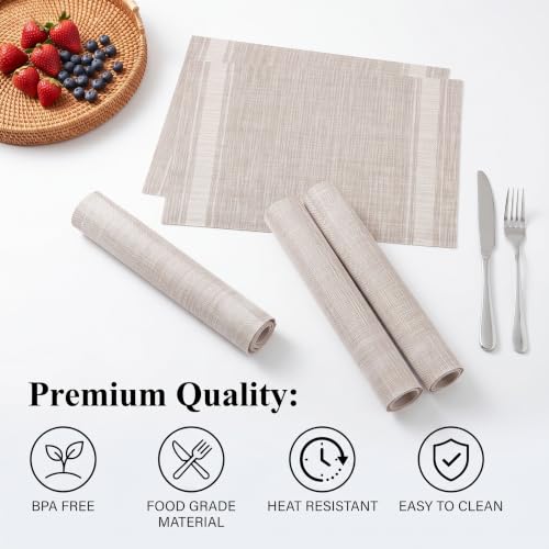 Winknowl Placemats Set of 6, Heat Resistant Non-Slip Vinyl Woven Table Mats for Dining Table, Washable Durable Elegant Place Mats for Kitchen Indoor/Outdoor Use (Beige White) - color: Beige White, size: Set of 6
