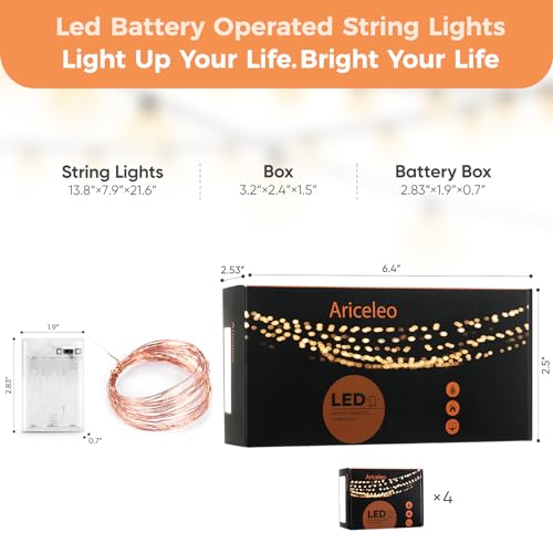 Ariceleo 4 Pack 16.4ft Battery Operated String Lights with Timer, Warm White with Synchronized Twinkle Mode, Fairy Lights Battery Powered, 50 LEDs, Idea for Christmas Bedroom Party Wedding - color: Warm White, size: 4 Pack-Upgrade