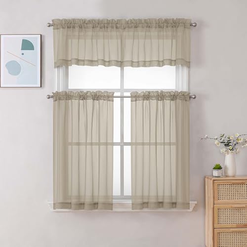 Chyhomenyc Taupe Sheer Curtains 36 inch Length 2 Panels, Light Filtering Voile Rod Pocket Short Window Curtians for Bathroom Living Room Farmhouse Small Windows, 42Wx36L inches - color: Taupe, size: 42"W x 36"L (Pack of 2)