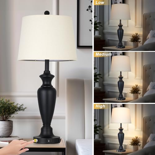 Black Table Lamp for Living Room Single, 30″ Tall Touch Control Bedside Lamp for Bedroom, 3-Way Dimmable Nightstand Lamp with USB A+C Ports and AC Outlet (1 Pack) - color: Black - 30"H - 1 Pack