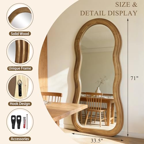 71"x33.5" Wavy Full Length Mirror with 3-Layer Solid Wood Frame - color: Natural Wavy Frame, size: 71"L x 33.5"W
