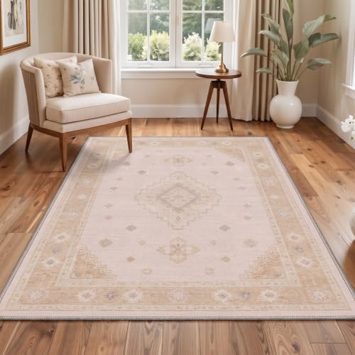 GENIMO 5X7 Area Rug for Living Room, Washable Boho Medallion Non Slip Thin - color: Cream Beige, size: 5' x 7' (Rectangular)