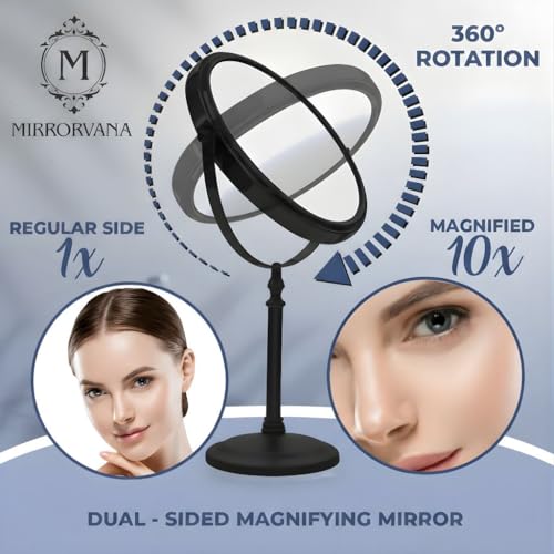 MIRRORVANA Double Sided 10X/1X Magnifying Makeup Mirror, 8" x 15" (Black) - color: Black