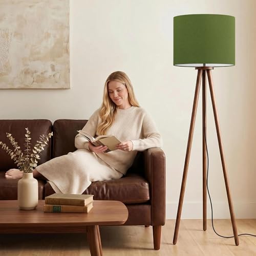 Buruis 60.6 Inch Walnut Wood Tripod Floor Lamp with Linen Drum Shade, Green - color: Green