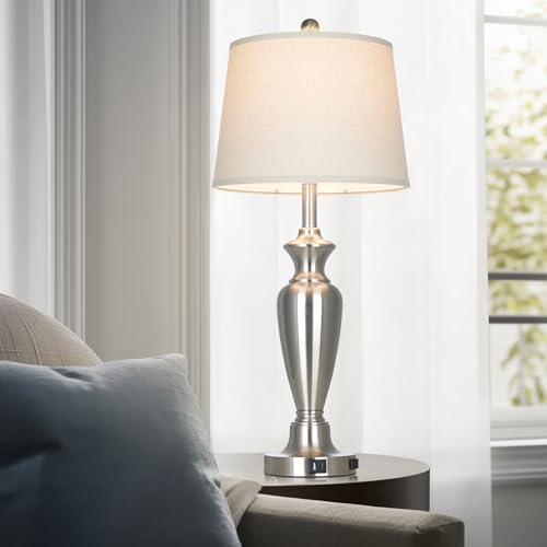 30" Tall Silver Table Lamps Set of 2 for Living Room, Touch Control Bedside Lamps for Nightstand, 3-Way Dimmable Bedroom Table Lamp with USB A+C Ports and AC Outlet (2 LED Bulbs Included) - color: Silver - 30"H