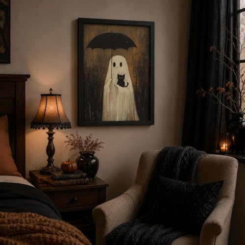 Framed Spooky Cute Ghost Black Cat Wall Art,Halloween Moody Painting Picture Wall Decor,Whimsical Ghost Umbrella Poster Print Artwork,for Living Room Bedroom Bathroom Home Decoration - color: Ghost and Black Cat, size: 24"L x 16"W