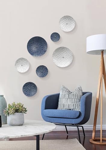 TEIPAI Blue Wall Decor for Home Living Room Gallery,7PCS Metal Art Accent - color: Silver and Navy Blue
