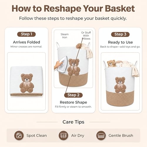 Teddy Bear Baby Laundry Basket, Tall Woven Rope Nursery Hamper, 20x15 in - color: Neutral Teddy