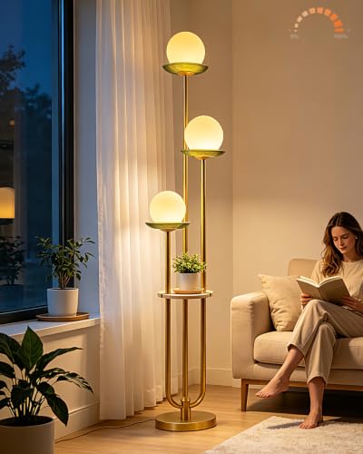 Lightdot 3-Globe Floor Lamp Dimmable with Green Glass Tray Gold Floor Lamp - color: Green-3U Gold