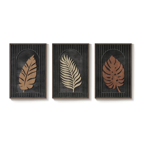 Framed 3D Wood Tropical Botanical Textured Wall Decor Living Room, 24x36 In - color: Black Brown
