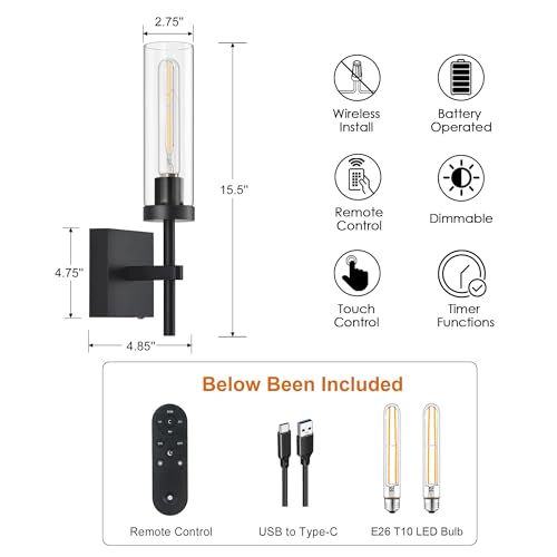 SANTOSTOCK Black Wireless Wall Sconces with Remote Control, Battery Operated Wall Sconce Set of 2, Rechargeable Dimmable Wall Lights for Bedroom Living Room Bathroom Hallway Entryway Stairwell, 3000K - color: Black & Clear Glass, size: Battery 16 Inch