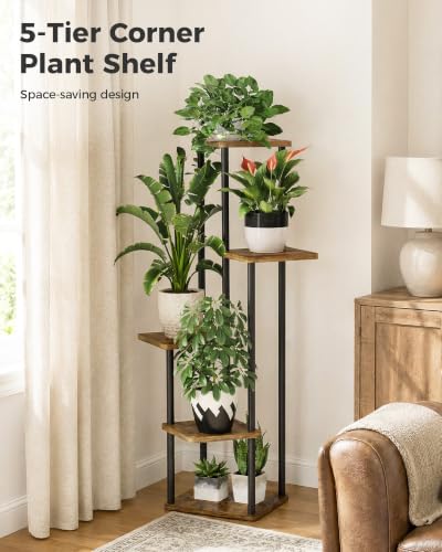 Bamworld Plant Stand Indoor Corner Plant Shelf for Multiple Plants - color: Brown Oak, size: 5 Tier