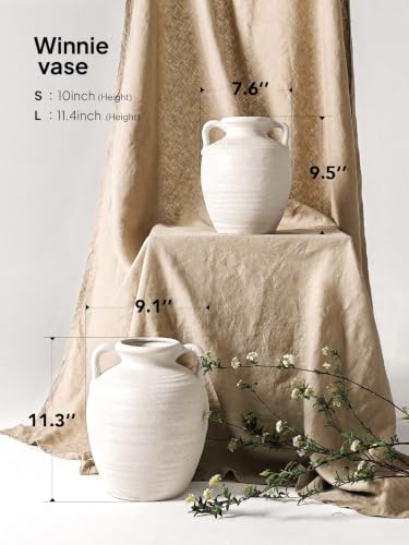 White Ceramic Vase with Handles, 9.5Inch, Farmhouse Rustic, Sandstone White - color: Winnie - Sandtone White, size: M(8.8"-9.8")