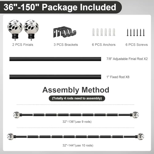 Ceramic Black Curtain Rods for Windows 16 to 144 Inches Adjustable Length - color: Ceramic Black, size: 16"-144"|1 Pack