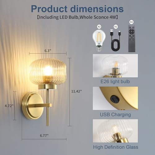 Battery Operated Wall Sconces Set of 2, Rechargeable No Hardwired Wall Light with Remote, 3 Color Dimmable for Bedroom Apartment Hallway - color: Gold