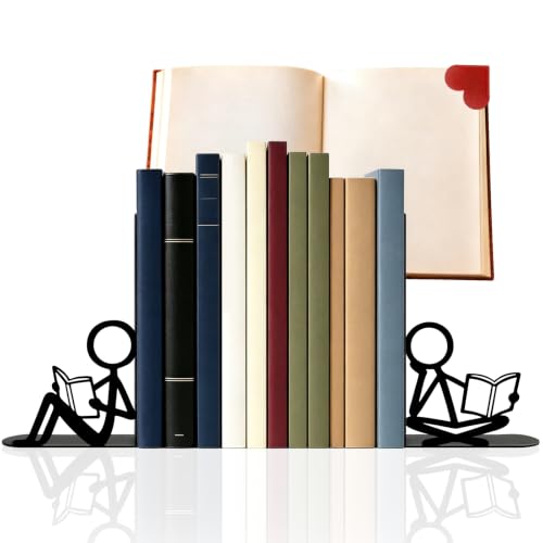 2 Pcs Metal Bookends and Heart Bookmark,Book Ends for Book Shelf,Two Reader - color: Black Siting Reader