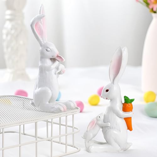 YANGMEI White Resin Easter Rabbit Statue, Snuggling Bunnies with Carrot Easter Figurine, Spring Holiday Tabletop Home Garden Decoratio - color: B