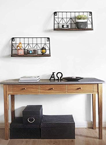 Mkono Floating Shelves Wall Mounted Set of 2 Rustic Wood Storage Display Shelf with Metal Wire Basket 11.4 Inches, Hanging Shelf for Bedroom Bathroom Living Room Kitchen Office, Brown,Small - size: Small