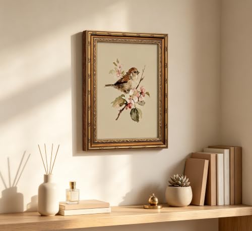 Vintage Gold Framed Sparrow Floral Wall Art, Watercolor Bird Canvas Print - color: Bird, size: 16"LX12"W