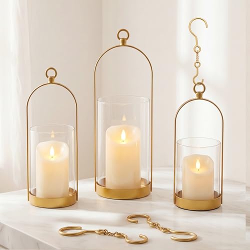 Hurricane Glass Candle Holders Set of 3, Hanging Gold Candlestick