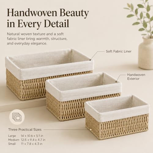 Large Woven Storage Baskets Set of 3, Shelf & Closet Bins - size: Large without Lids