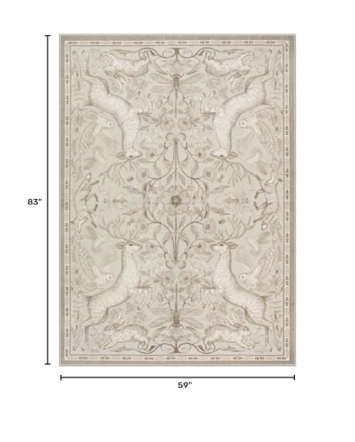 Lahome 5x7 Washable Area Rug for Living Room, Woodland Deer Boho Animal Rug, Vintage Botanical Beige Non-Slip Low Pile Large Carpet for Bedroom Dining Room Nursery Farmhouse Decor - color: Beige, size: 5' x 7' (Rectangular)
