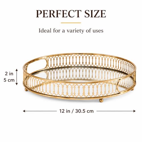 Bar Cart Tray, Round Decorative Mirrored Tray with Handles, Large Capacity Organizer, Gold