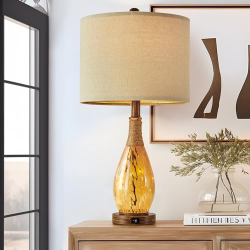 OYEARS 23" USB A+C Table Lamp for Bedroom Living Room Modern Bedside Lamps Retro Farmhouse Rattan Glass Nightstand Nightlight Lamps (Amber),Two Light Points - color: Wood Brown