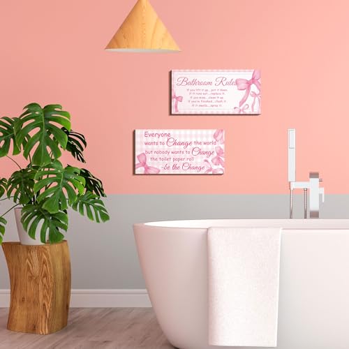 Jetec 2 Pcs Coquette Pink Bow Bathroom Wall Decor Wooden Sign 12 x 6 Inch - style: Pink Bow Style