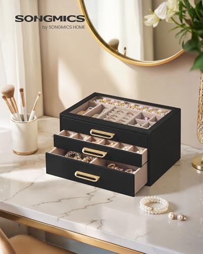 SONGMICS 3-Layer Jewelry Box with Glass Window, 3 Drawers, Golden Handles - color: Black, size: 3-Tier