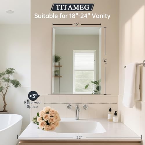 16x24 Inch Frameless Wall Mirror with 1" Beveled Edge, Frameless Rectangle Mirror for Bathroom, Vanity, Living Room - size: 24"L x 16"W