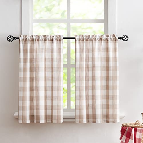 Taupe White Check Kitchen Tier Curtains for Basement Laundry 27x36 2pcs - color: Taupe and White, size: 24"W x 36"L (Pack of 2)