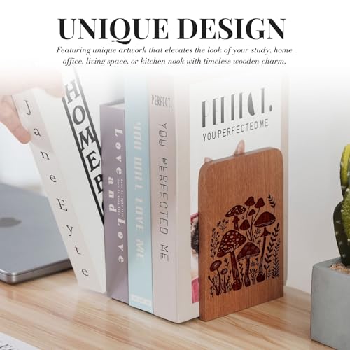 INNObeta Decorative Wooden Book Ends, Natural Bookends, Heavy Duty Bookends for Shelves Unique Design(1 Pair, 4.72x6.69 Inches) - Mushroom - color: Mushroom