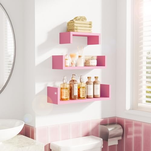 SRIWATANA Pink Floating Shelves, Set of 3 Solid Wood Wall Mounted Shelves - color: Pink