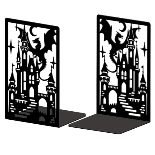 Peacoblue 5.3"x4.3"x7.9" Metal Bookends, Heavy Duty Book Ends for Shelves - style: Dragon and Castle