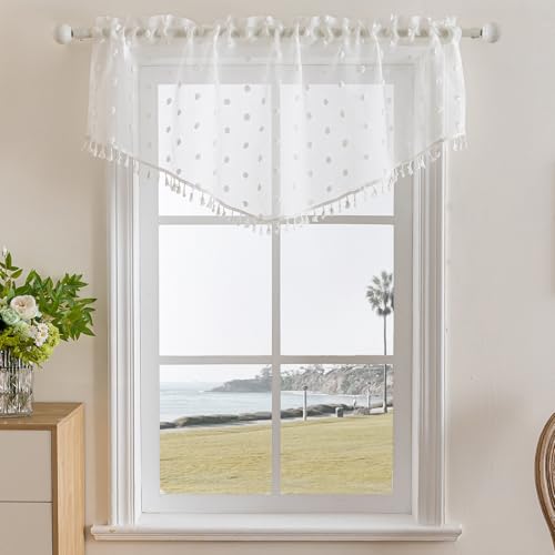 3 Pieces Boho Sheer Valances for Windows, Cute Pom Pom Rod Pocket Light Filtering Short Valance Curtains with Tassels for Nursery Kids Bedroom Bathroom Cafe (White,55"x24") - color: White