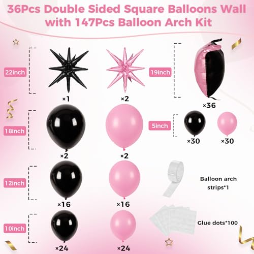 36pcs Black and Pink Square Foil Balloons Wall Backdrop with 147pcs Balloon Garland Arch Kit, Double Sided Balloons for Bachelorette Baby Shower Birthday Anniversary Prom Party Decorations - color: Rose Gold and Black